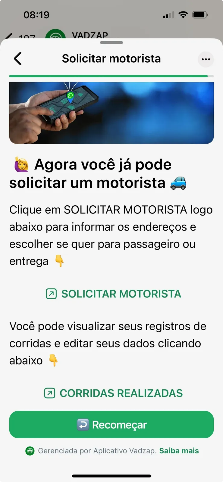 Tela solicitar motorista no Vadzap