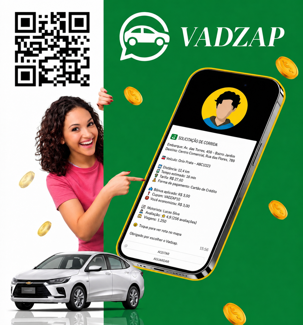 Arte do Vadzap com celular, QR Code e carro