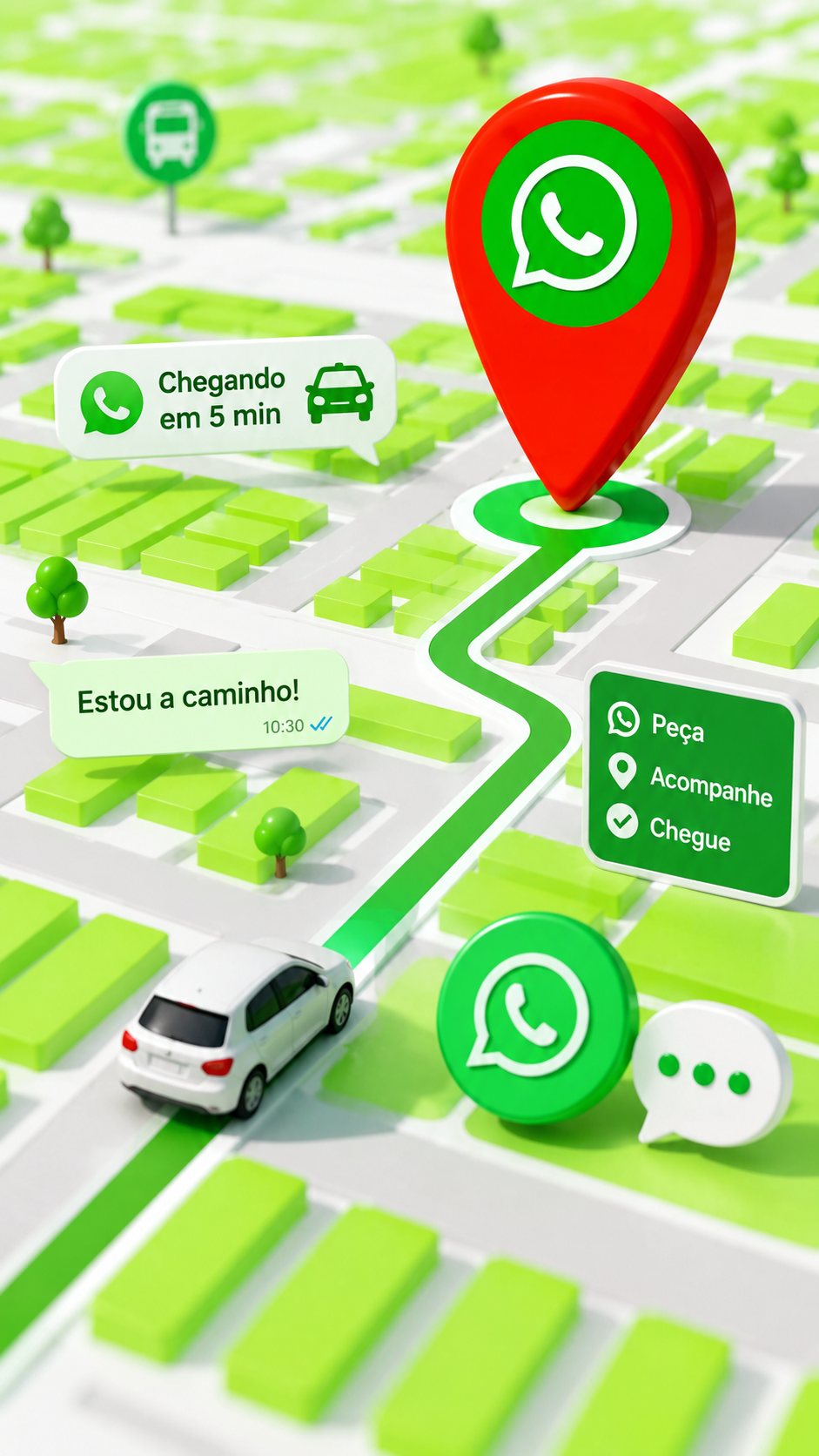 Mapa com rota, marcador do WhatsApp e carro a caminho